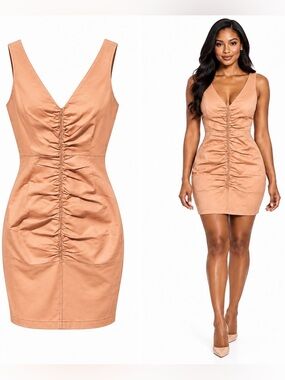Venus Peach Ruched Faux Leather Fitted Dress 6